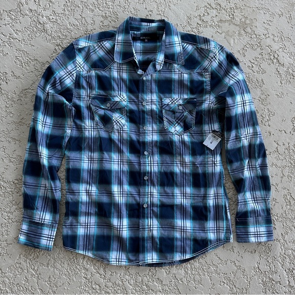 RUE 21 Men’s Black Brand Navy and White Plaid Button Down Shirt/ medium NWT - Picture 1 of 9